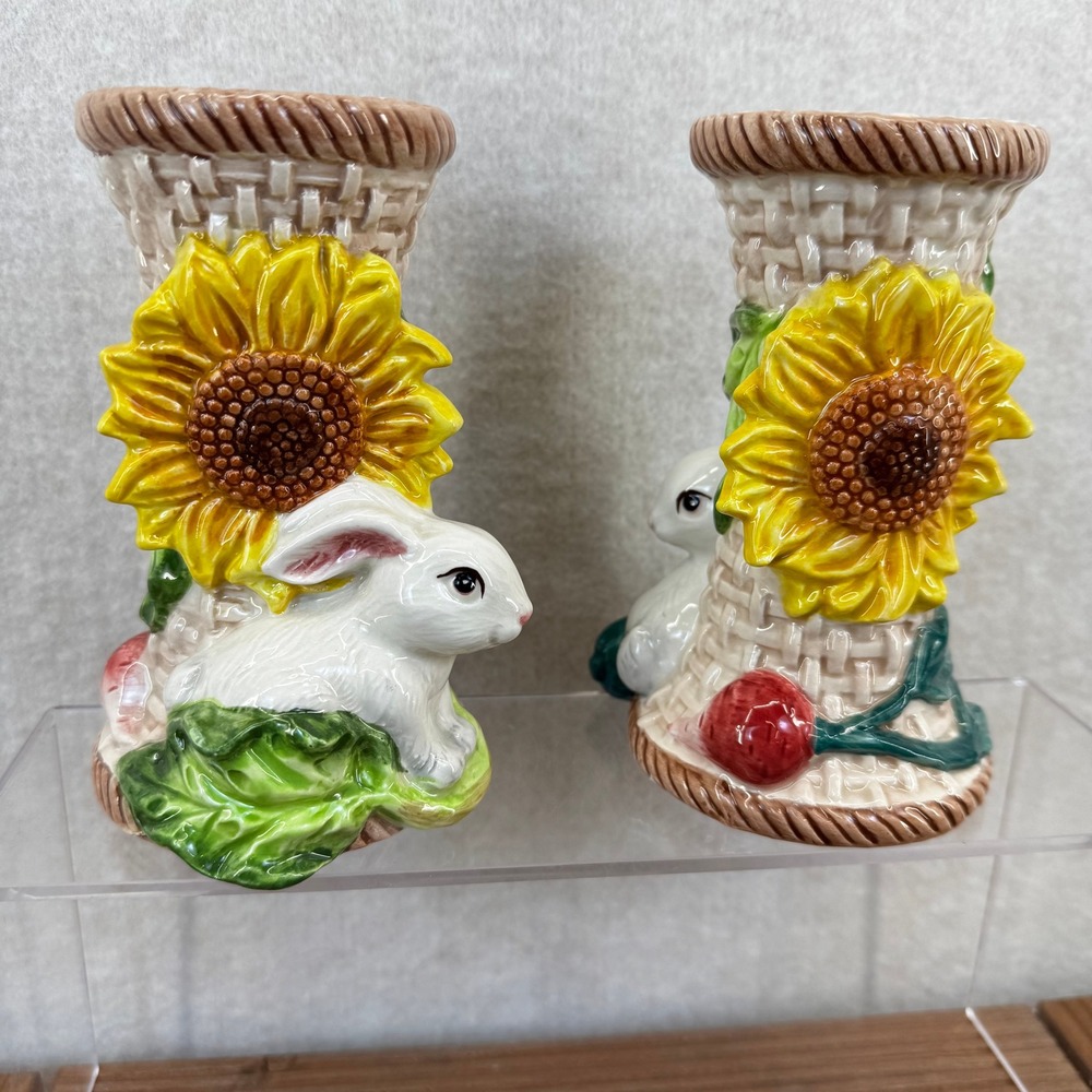 Vtg Rabbits Bunny Banquet Ceramic Candle Holder Set Easter Strata Group